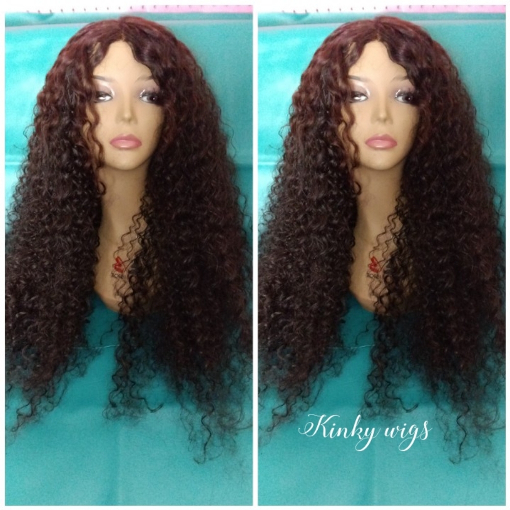 28" Afro Bohemian Kinky Curly Middle Part Glueless Human Blend Hair Wig